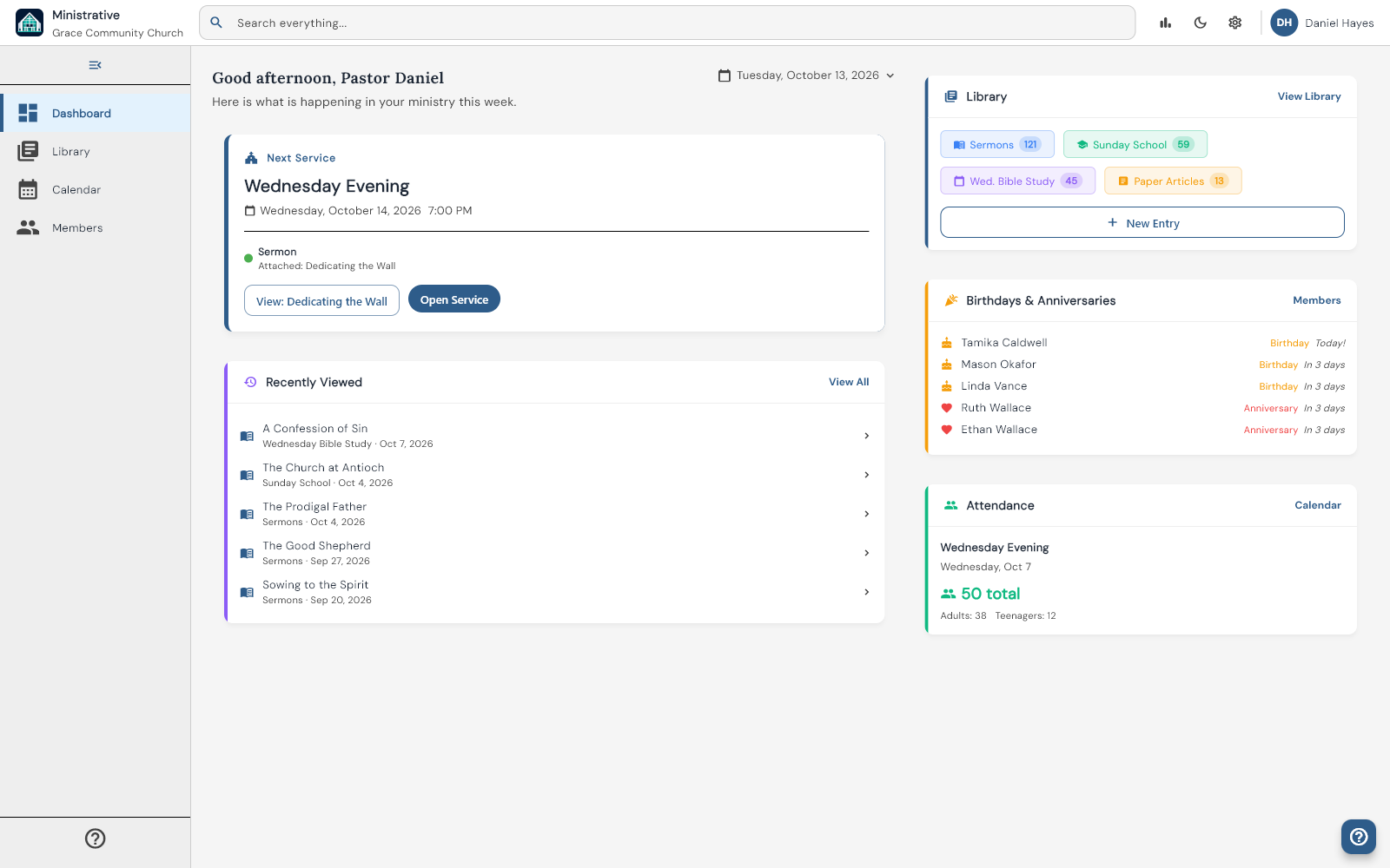 The Ministrative dashboard with the next Sunday service, library counts, recently viewed messages, and upcoming birthdays